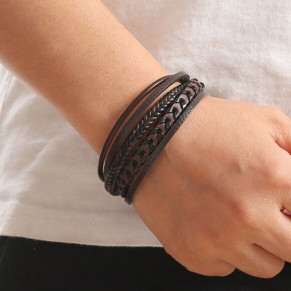Leather Braided Men Bracelet Navy Blue - Picture 9 of 13